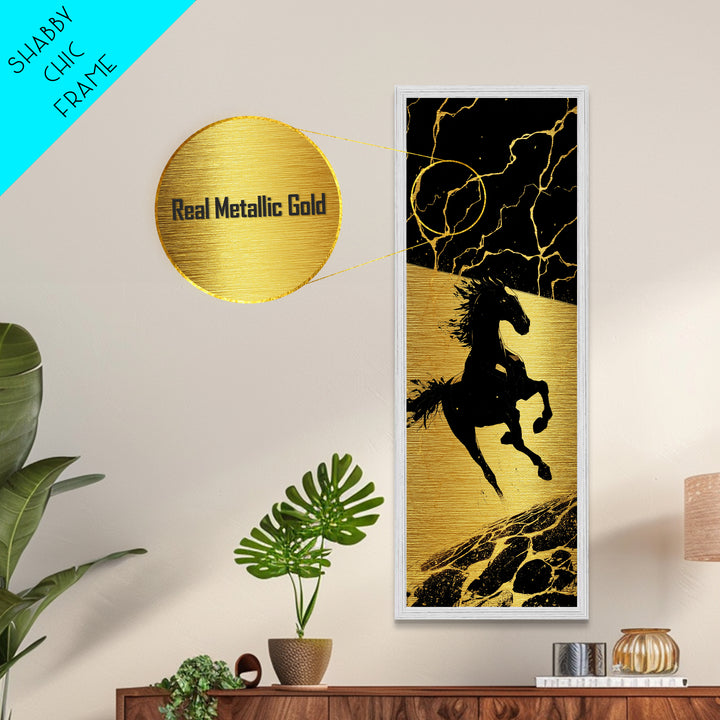 Sleipnir Odin’s Horse Metallic Gold Art, Viking Metal Art Norse Mythology Decor, Nordic Warrior Office Wall Art Framed in Real Wood