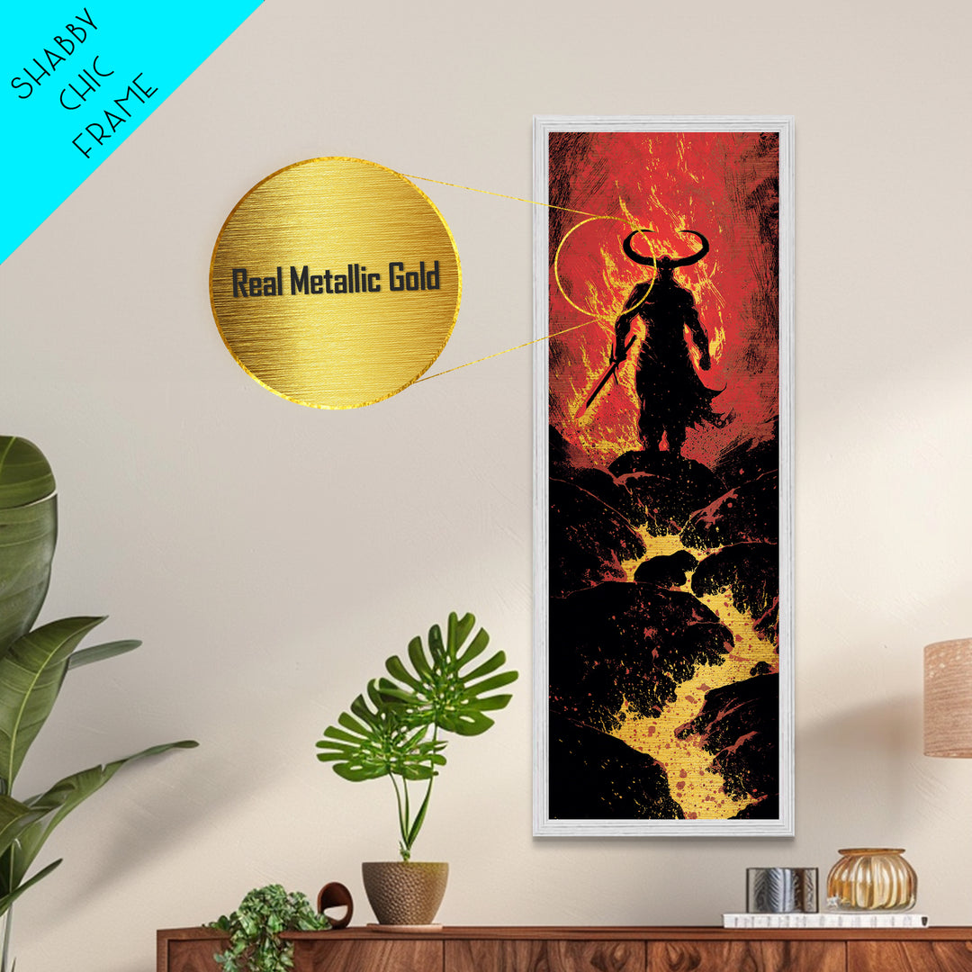 Surtur Norse Fire Giant Metallic Gold Art, Viking Metal Art Nordic Mythology Warrior Decor, Office or Dad Gift Framed in Natural Wood
