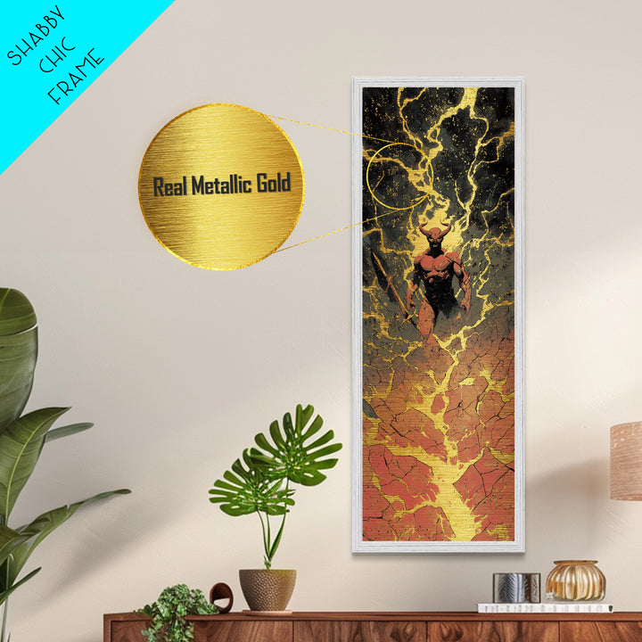Surtur Metallic Gold Art, Viking Metal Art Norse Fire Giant Mythology Decor, Bold Man Cave or Office Wall Hanging in Real Wood Frame