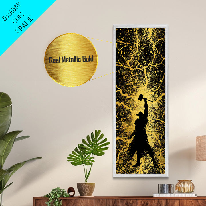 Thor Metallic Gold Art, Viking Metal Art Norse God of Thunder Wall Decor, Nordic Mythology Office or Man Cave Art in Real Wood Frame