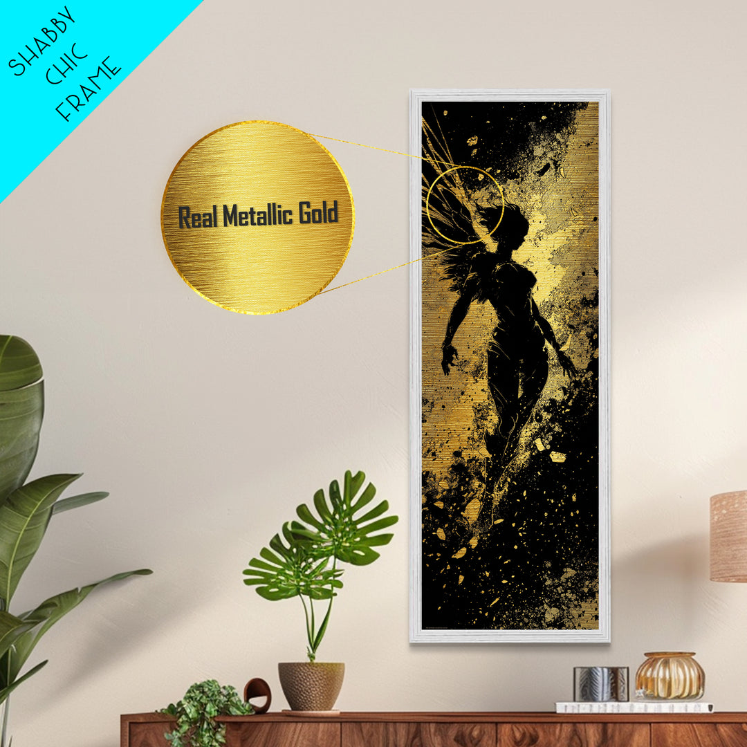 Valkyrie Metallic Gold Art Nordic Mythology Wall Decor, Metal Art for Man Cave or Office, framed in natural wood for bold style