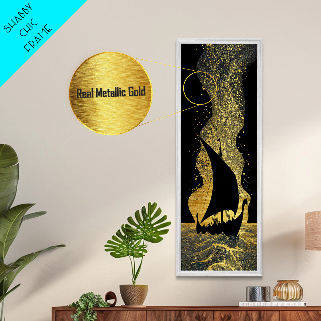 Nordic Viking Ship Metallic Gold Art, Mythology Inspired Metal Art for Office or Man Cave, framed in authentic wood craftsmanship