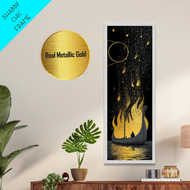 Viking Funeral Ship Metallic Gold Art, Norse Mythology Metal Art framed with real wood, Nordic man cave wall art gift idea
