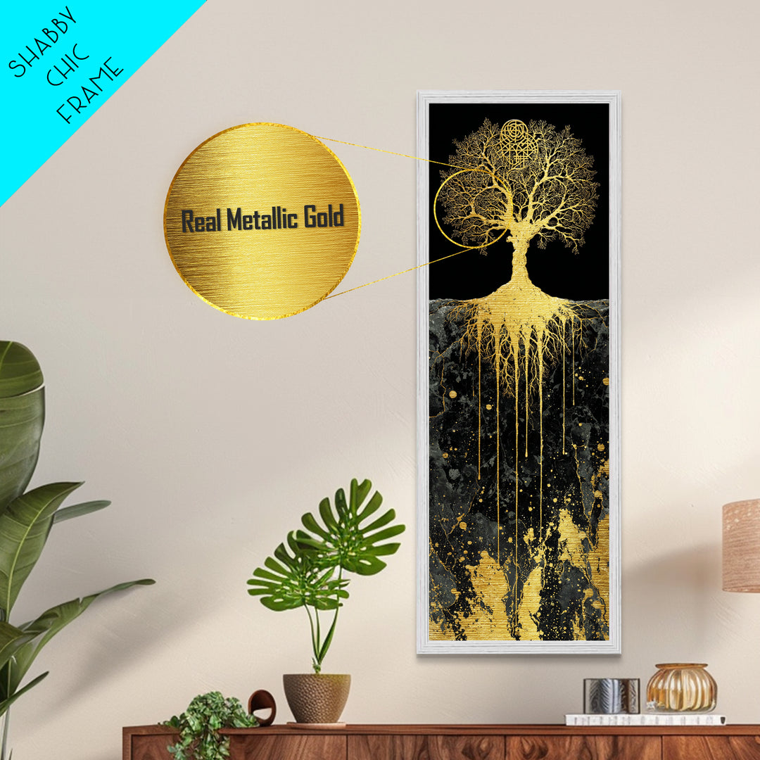 Metal Art Yggdrasil Nordic Tree of Life, Metallic Gold Art framed with real wood, Norse Mythology inspired office or dad gift wall art