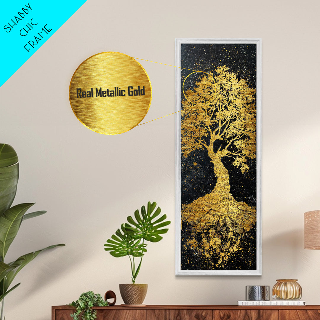 Yggdrasil Metallic Gold Art Norse World Tree, Nordic Mythology Metal Art framed in natural wood, perfect Viking man cave wall decor