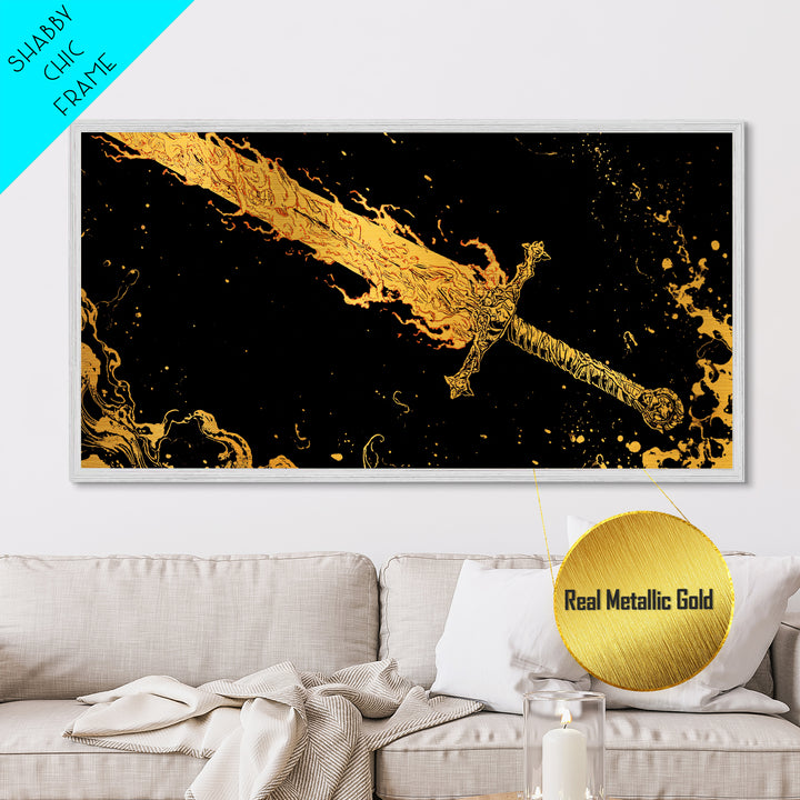 Surtur’s Flaming Sword Metallic Gold Art Metal Art Viking Wall Decor, Norse Mythology Office Gift with Real Wood Frame