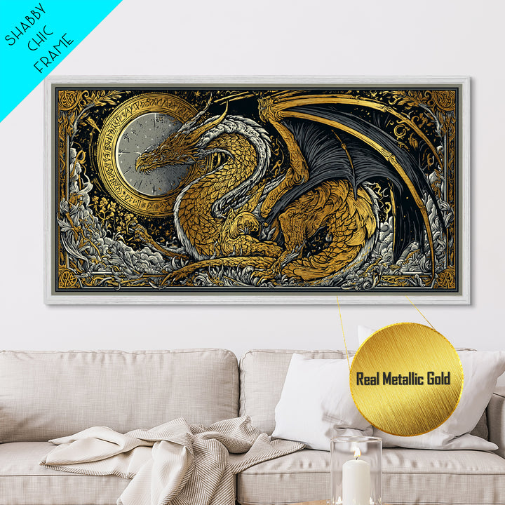 Nidhogg Dragon Metallic Gold Art Metal Art Norse Mythology Wall Decor with Real Wood Frame, Viking Man Cave or Office Gift