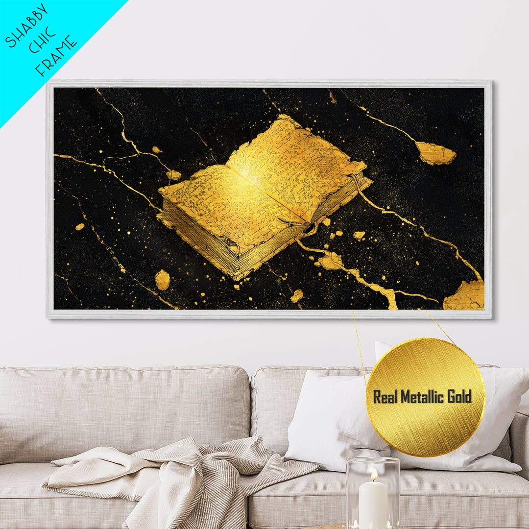 Ancient Nordic Runes Book Metallic Gold Art Metal Art with Cosmic Background, Viking Mythology Wall Decor, Real Wood Frame