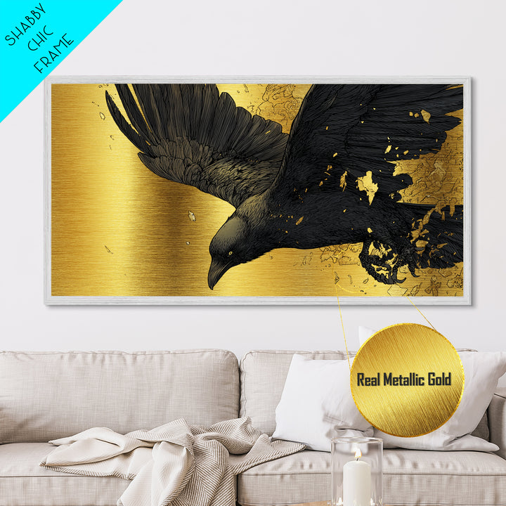 Odin’s Raven Huginn Metallic Gold Art Metal Art Norse Mythology Wall Decor with Natural Wood Frame, Man Cave or Office Gift