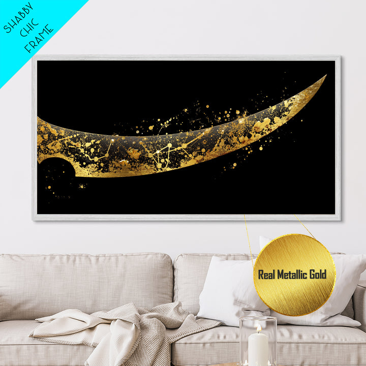 Curved Viking Blade Metallic Gold Art, Nordic Mythology Metal Art Sword Print, Man Cave Wall Decor with real wood frame, warrior gift