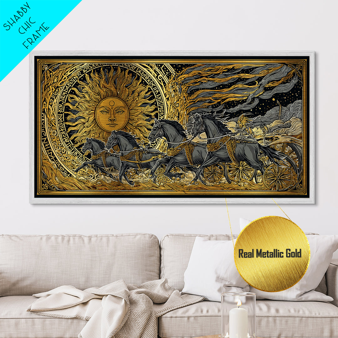 Sun Chariot of Sol Metallic Gold Art, Norse Mythology Metal Art Wall Hanging, Viking Decor for Dad Gift, framed in authentic wood