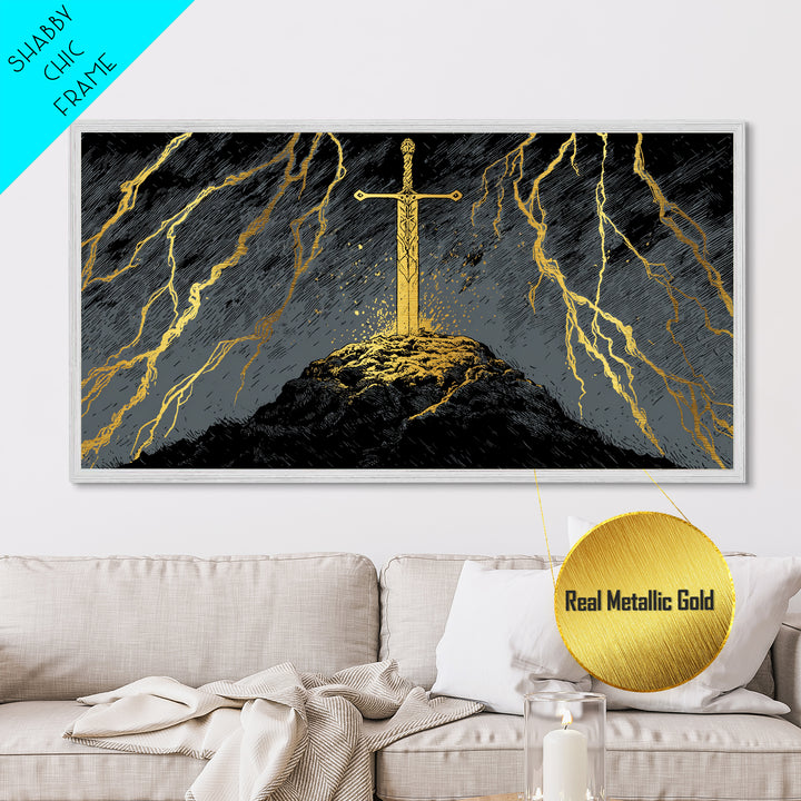 Storm Sword Metallic Gold Art, Nordic Mythology Metal Art Print, Viking Office Wall Art framed in real wood, masculine gift idea
