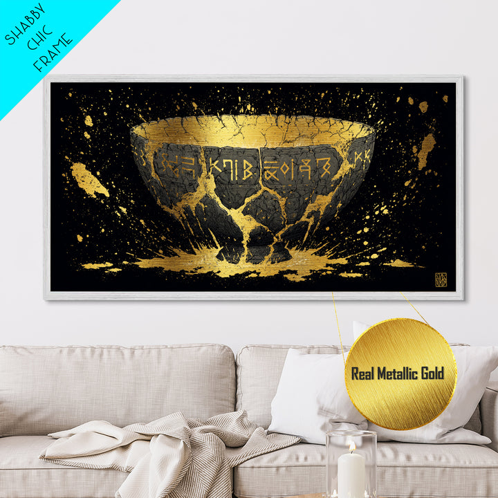 Viking Rune Bowl Metallic Gold Art, Nordic Mythology Metal Art with Real Wood Frame, Unique Office Wall Decor, Man Cave Gift