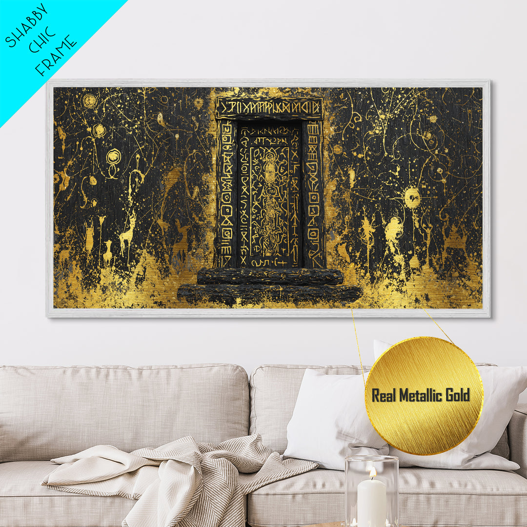 Runestone Doorway Metallic Gold Art, Nordic Mythology Inspired Metal Art, Pagan Viking Office Decor Framed in Real Wood