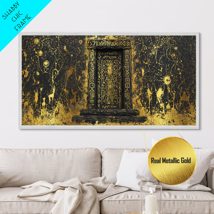 Runestone Doorway Metallic Gold Art, Nordic Mythology Inspired Metal Art, Pagan Viking Office Decor Framed in Real Wood