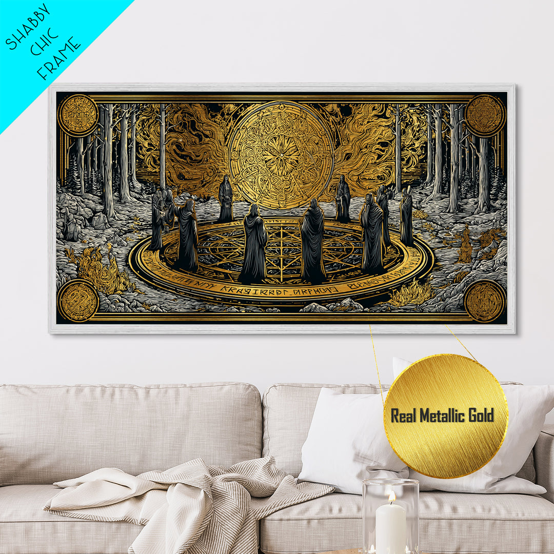 Nordic Ritual Circle Metallic Gold Art, Mythology Inspired Metal Art, Mystical Office Wall Decor with Real Wood Framing