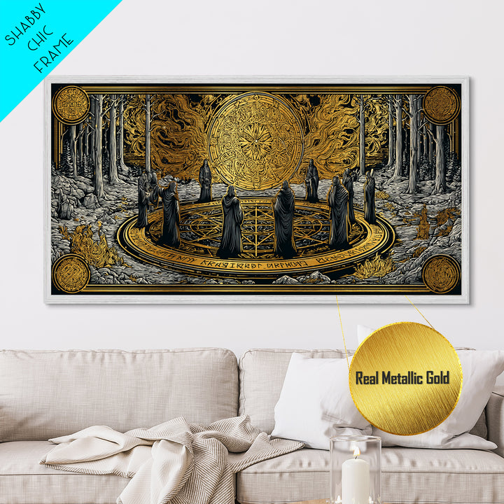 Nordic Ritual Circle Metallic Gold Art, Mythology Inspired Metal Art, Mystical Office Wall Decor with Real Wood Framing