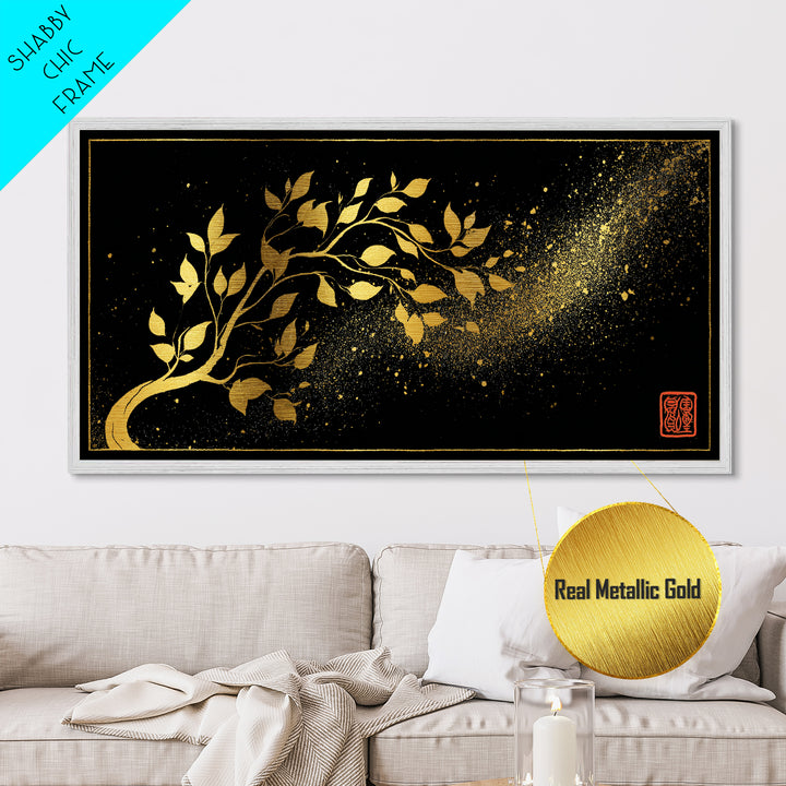Yggdrasil Tree Metallic Gold Art, Nordic Mythology Inspired Metal Art with Natural Wood Frame, Pagan Office Decor, Man Gift