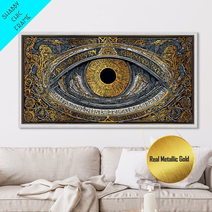 Odin’s Eye Metallic Gold Art Nordic Metal Art Norse Mythology Wall Decor framed in natural wood, Man Cave Gift, Office Art