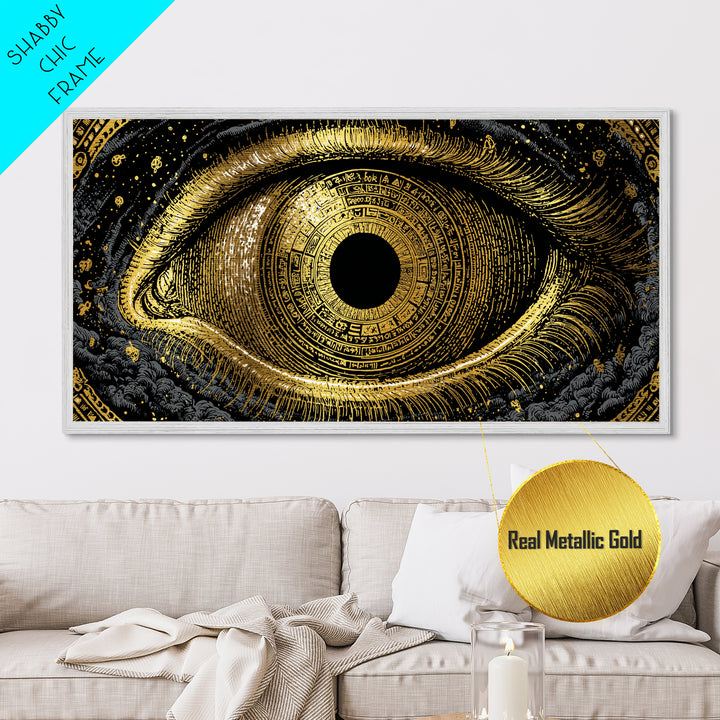 Mystic Rune Eye Metallic Gold Art Norse Metal Art Nordic Wall Hanging with real wood frame, Viking Decor, Dad Gift for Office