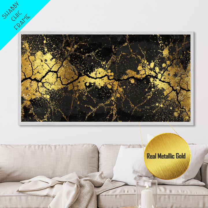 Cracked Stone Metallic Gold Art Nordic Metal Art Norse Abstract Wall Decor in real wood frame, Man Cave Gift, Office Accent