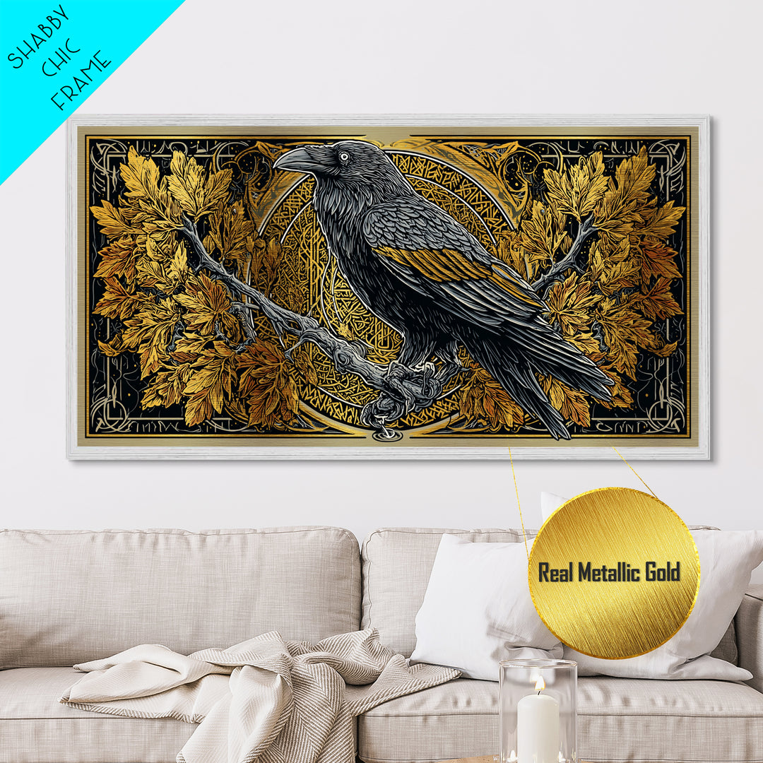 Norse Raven Perched Metallic Gold Art Metal Art with Runes and Autumn Leaves, Framed in Real Wood, Viking Office or Man Cave