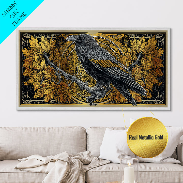 Norse Raven Perched Metallic Gold Art Metal Art with Runes and Autumn Leaves, Framed in Real Wood, Viking Office or Man Cave