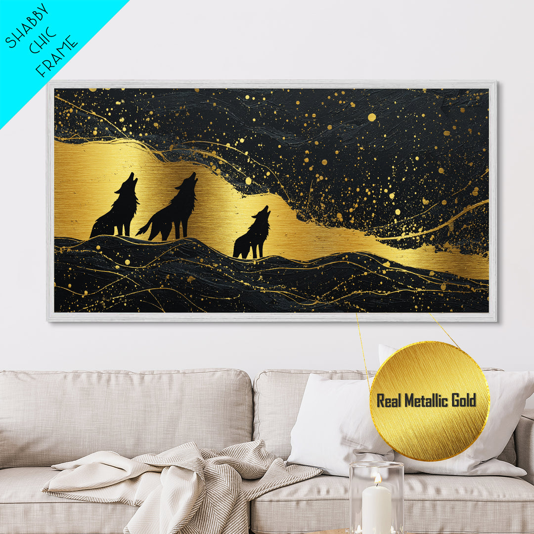 Howling Wolves Metallic Gold Art Norse Metal Art Nordic Mythology Wall Decor with real wood frame, Man Cave Accent, Office Art