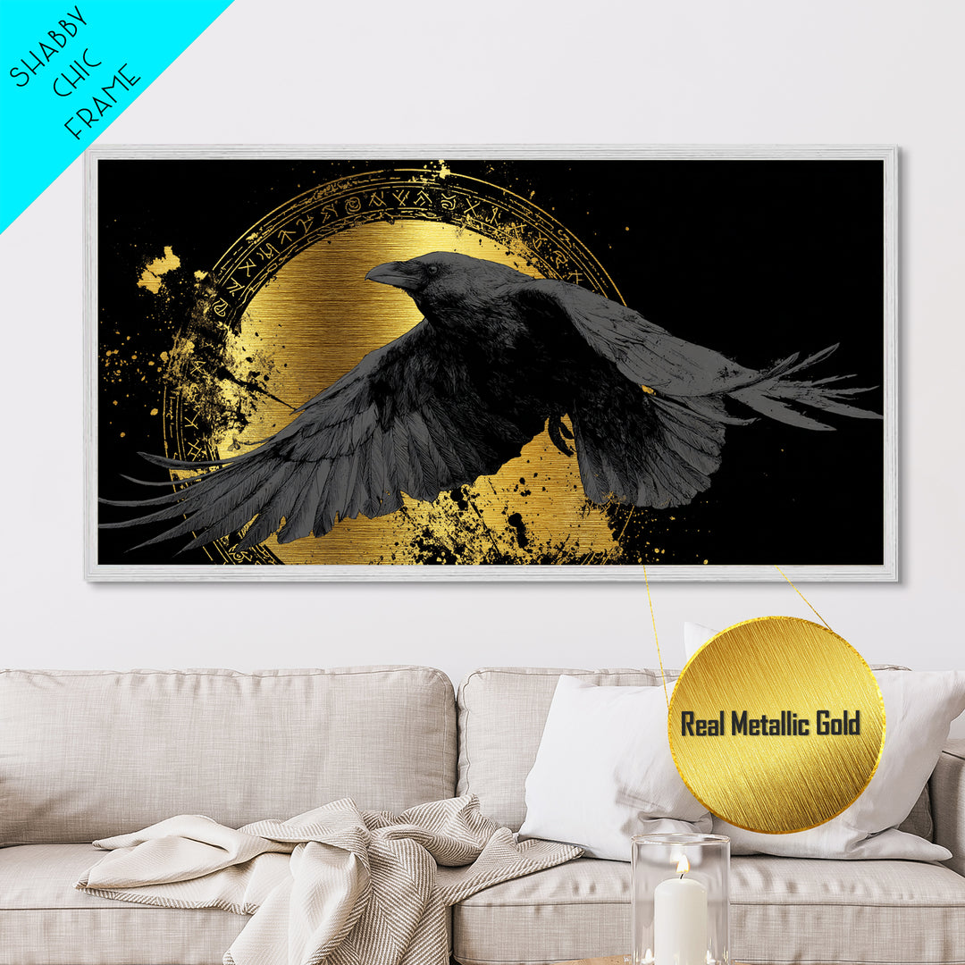 Raven of Odin Metallic Gold Art Norse Mythology Metal Art Nordic Wall Decor framed in real wood, Man Cave Viking Office Gift