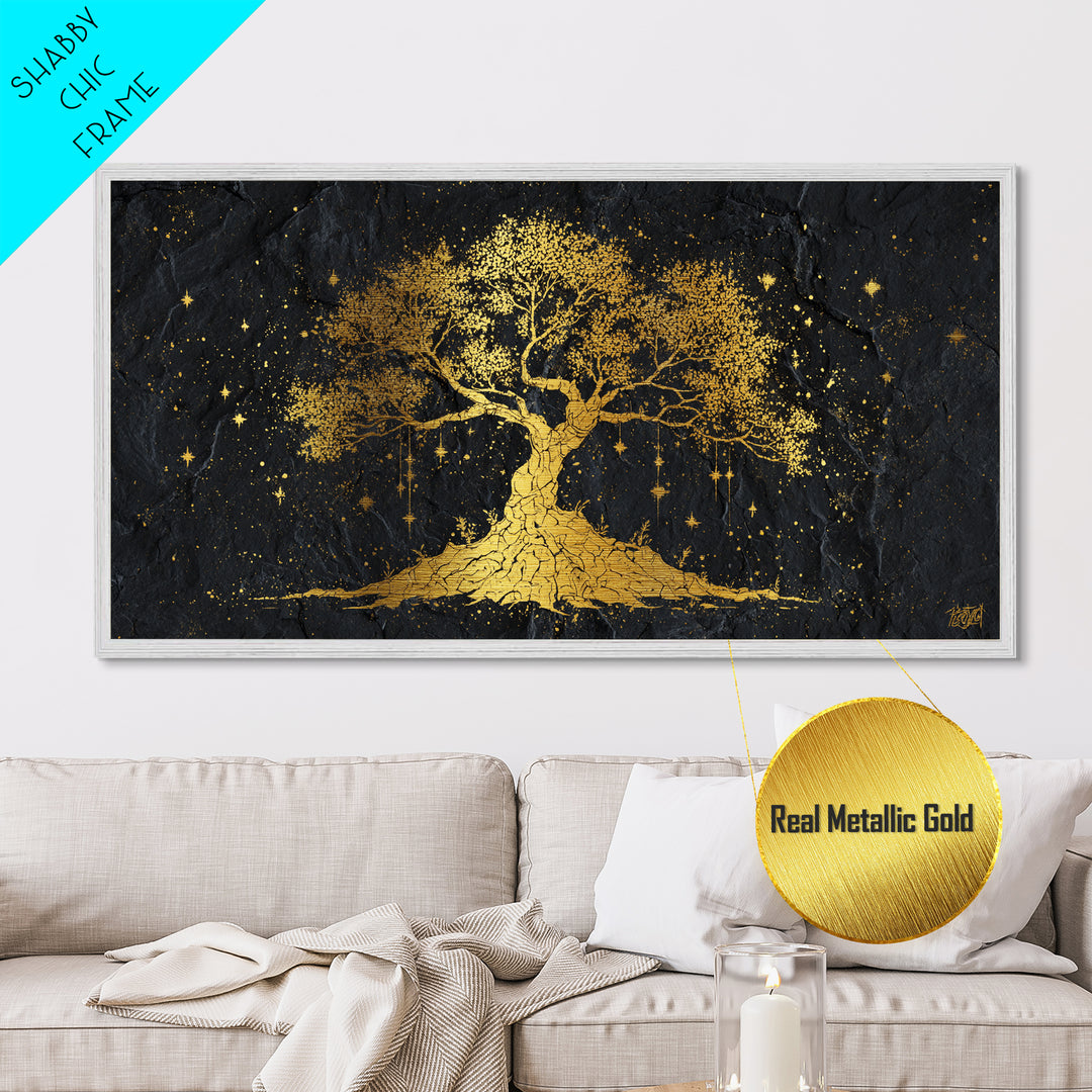 Yggdrasil Metallic Gold Art Metal Art Norse Tree of Life Nordic Mythology Wall Decor Dad Gift Office Art framed with real wood