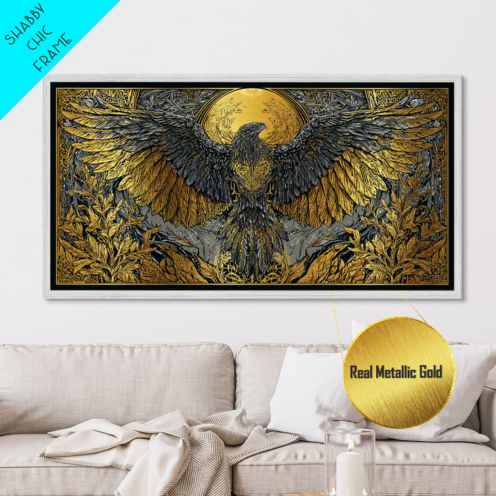Valkyrie Eagle Metallic Gold Art Metal Art Norse Wall Hanging with Spreading Wings, Natural Wood Frame, Nordic Mythology Gift