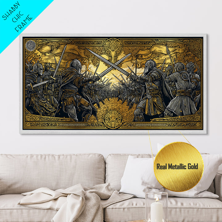 Viking Battle Metallic Gold Art Metal Art Norse Warriors Mythology Wall Decor Office Art Man Cave Gift framed in natural wood