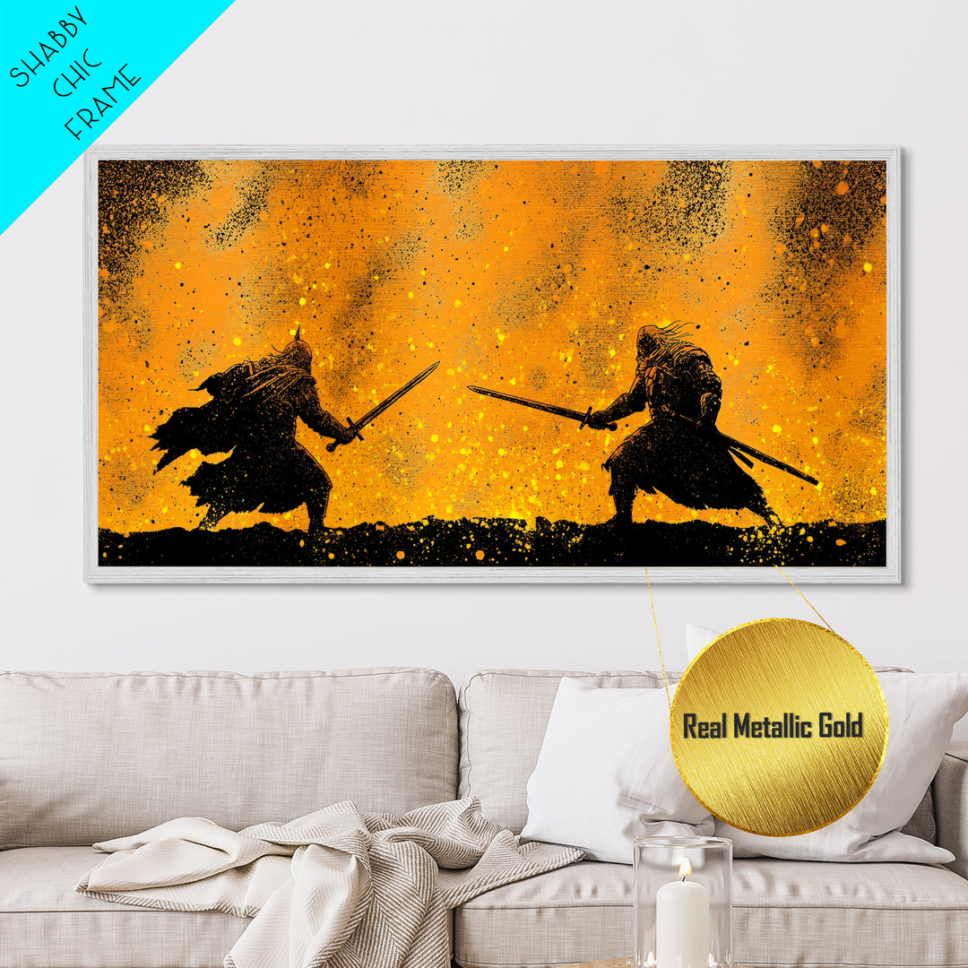 Fiery Duel Metallic Gold Art Metal Art Norse Viking Mythology Warrior Wall Decor Dad Gift Office Art framed in solid wood