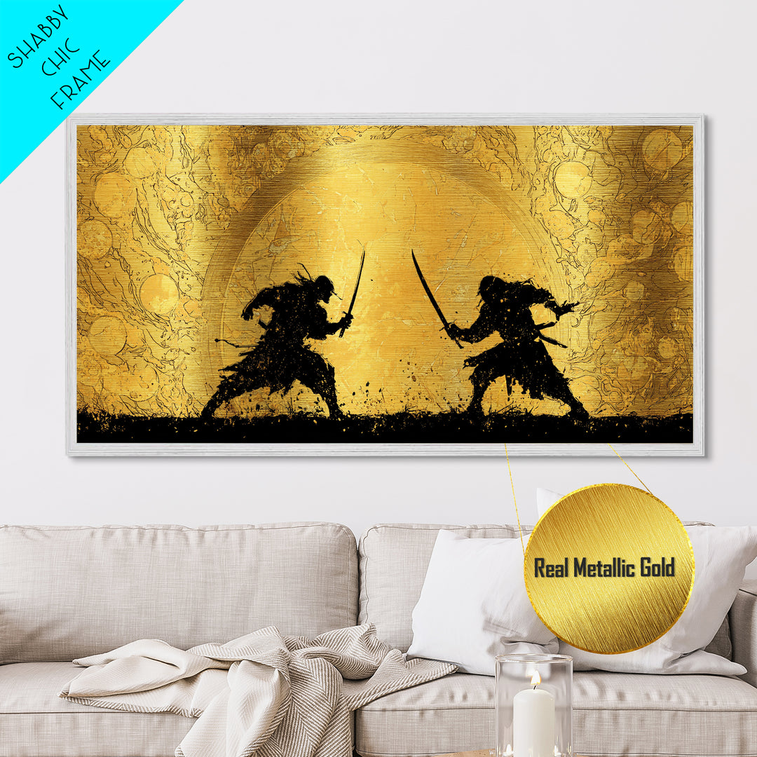 Samurai Duel Metallic Gold Art Metal Art Norse Inspired Epic Warrior Wall Art Man Cave Decor Office Gift framed in real wood