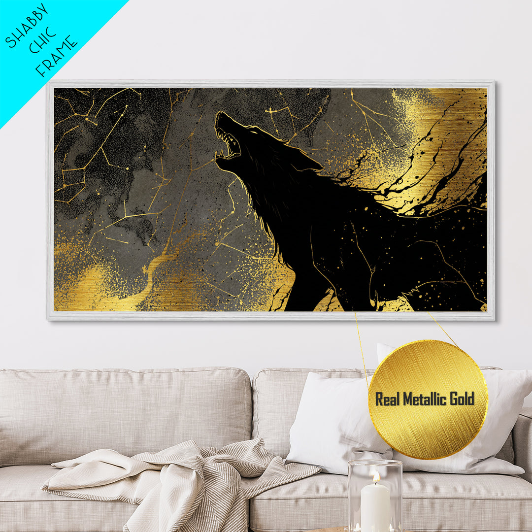 Fenrir Wolf Metallic Gold Art Metal Art Norse Mythology Beast Viking Wall Decor Dad Gift Office Art framed in real wood frame
