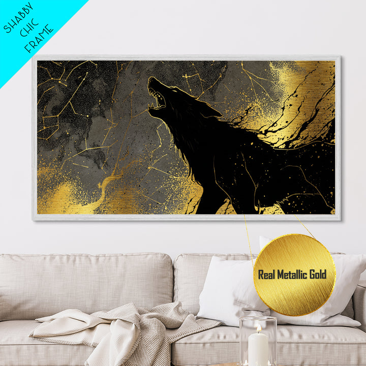 Fenrir Wolf Metallic Gold Art Metal Art Norse Mythology Beast Viking Wall Decor Dad Gift Office Art framed in real wood frame