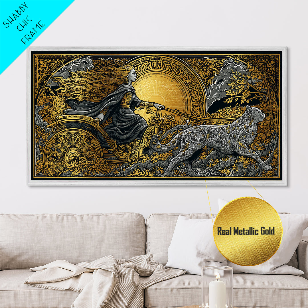 Freyja Metallic Gold Art Metal Art Norse Goddess Viking Mythology Wall Decor Man Cave or Office Art framed in natural wood