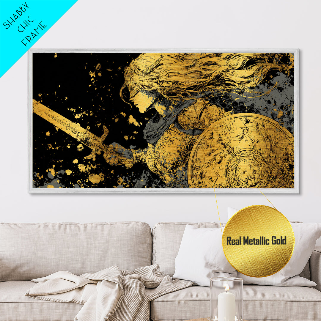 Valkyrie Warrior Metallic Gold Art Metal Art Norse Mythology Female Viking Wall Decor Office Art Man Cave Gift framed in wood