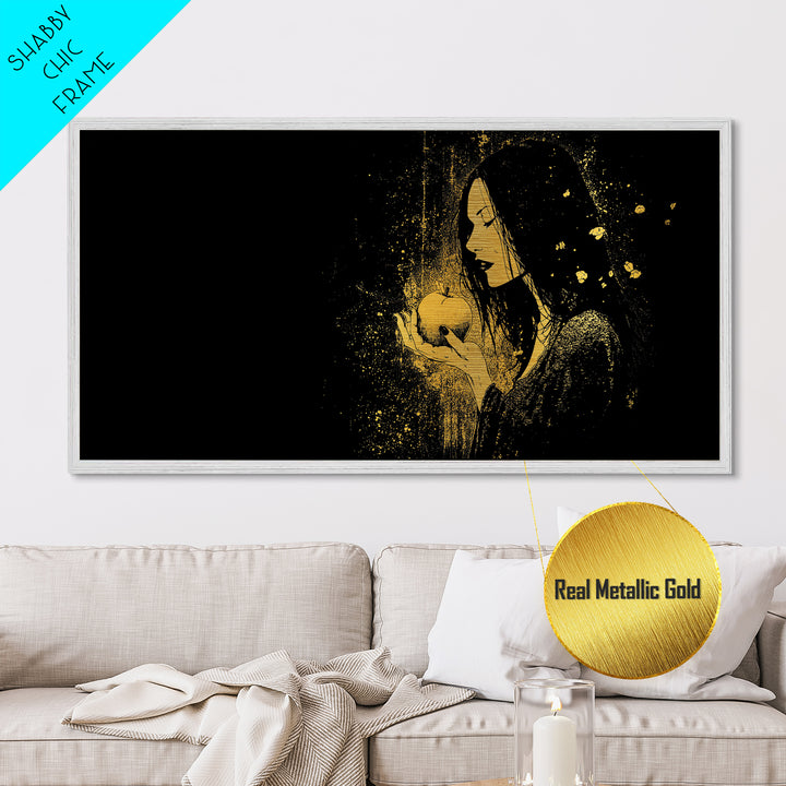 Idunn Norse Goddess with Golden Apple Metallic Gold Art Metal Art Nordic Wall Art for Dad Gift or Office Decor framed in natural wood