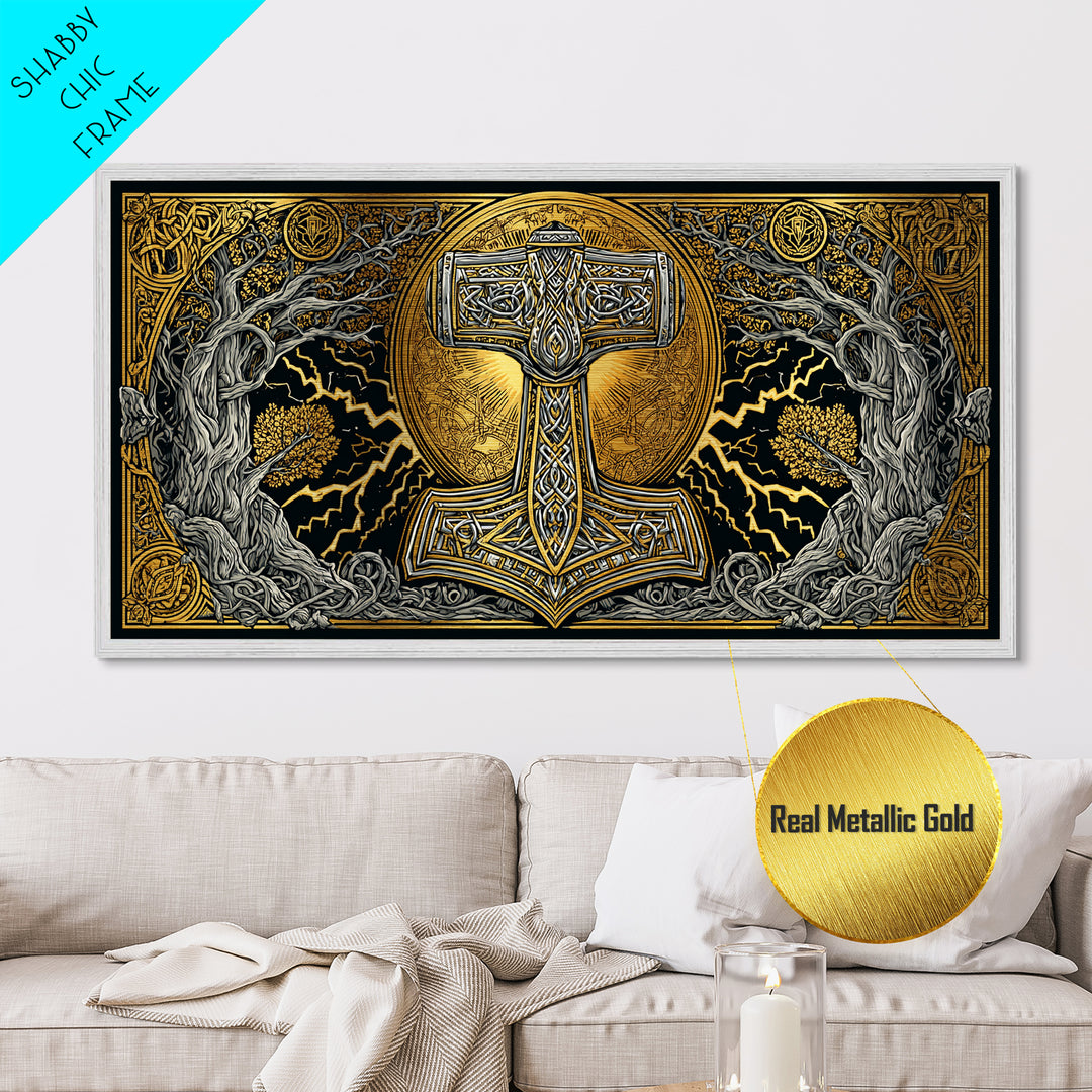 Mjolnir Norse Hammer Metallic Gold Art Metal Art Viking Symbol Wall Art for Man Cave Office or Dad Gift in handcrafted real wood frame