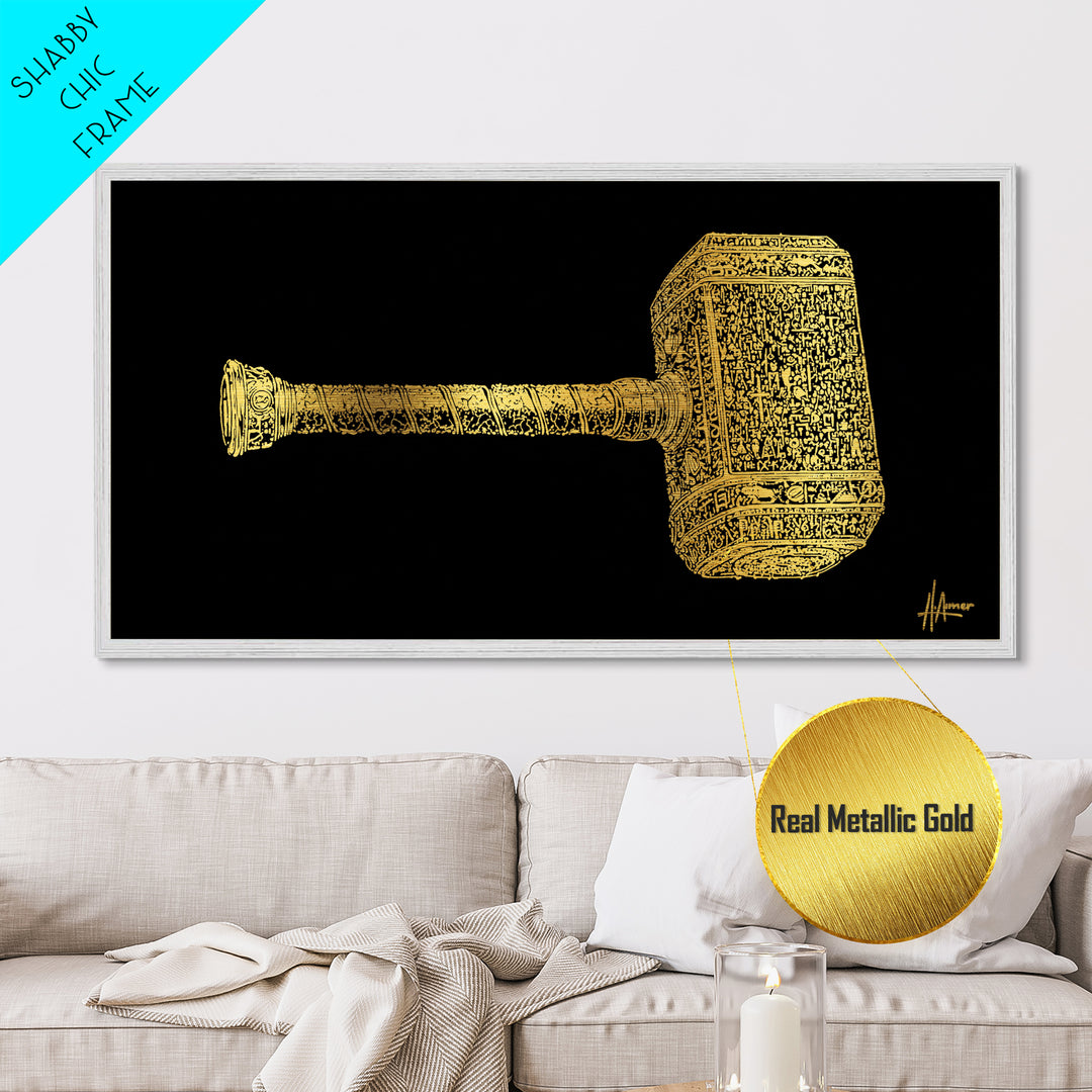 Thor’s Hammer Mjolnir Metallic Gold Art Metal Art Nordic Mythology Wall Hanging Viking Decor Office Art Gift framed in solid natural wood