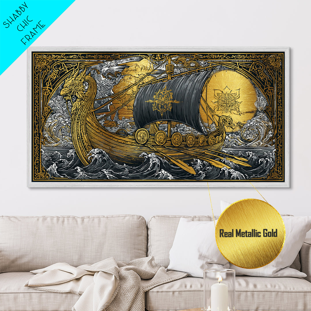 Naglfar Norse Longship Metallic Gold Art Metal Art Viking Ship Wall Decor Nordic Mythology Office or Dad Gift framed with natural wood