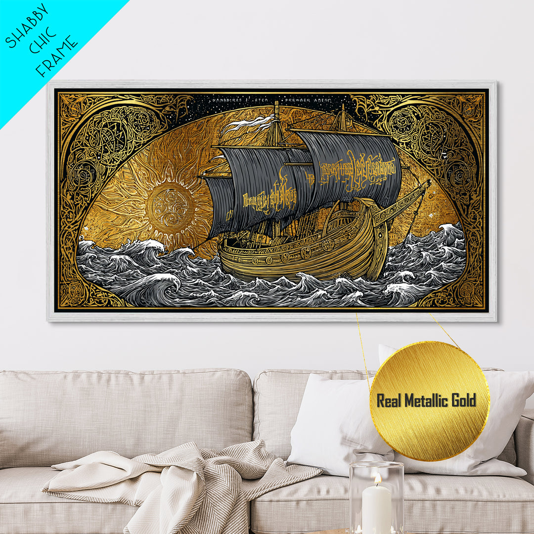 Viking Ship Naglfar Metallic Gold Art Metal Art Nordic Longship Decor Norse Mythology Office Wall Art Man Cave framed in authentic wood