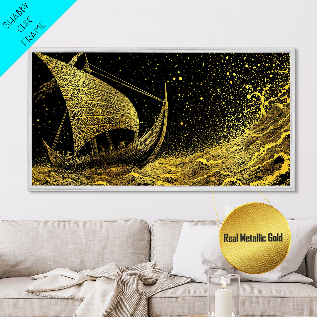 Norse Ship Naglfar Metallic Gold Art Metal Art Viking Longship Wall Hanging Decor for Dad Gift Office Art framed in handcrafted real wood