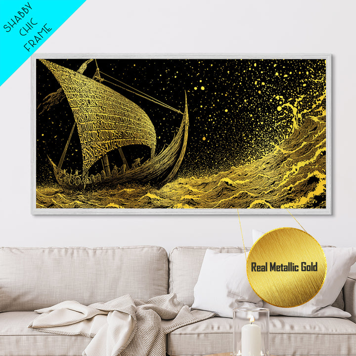 Norse Ship Naglfar Metallic Gold Art Metal Art Viking Longship Wall Hanging Decor for Dad Gift Office Art framed in handcrafted real wood