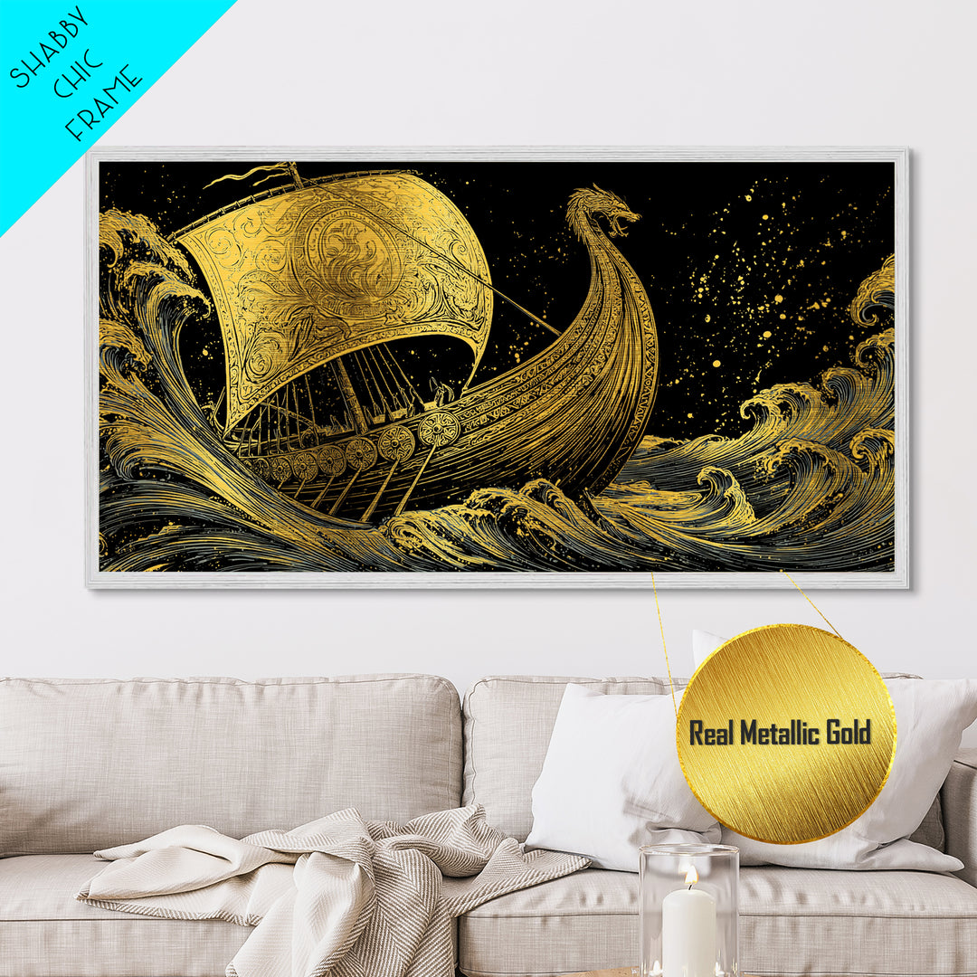 Naglfar Viking Ship Metallic Gold Art Metal Art Norse Mythology Longship Wall Hanging Decor Office Art Man Cave Gift framed in real wood