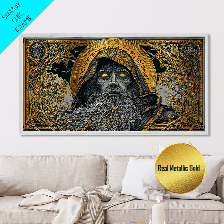 Ragnarok Battle Metallic Gold Art Viking Apocalypse Scene Metal Art, Norse Mythology Man Cave Art with sturdy real wood frame