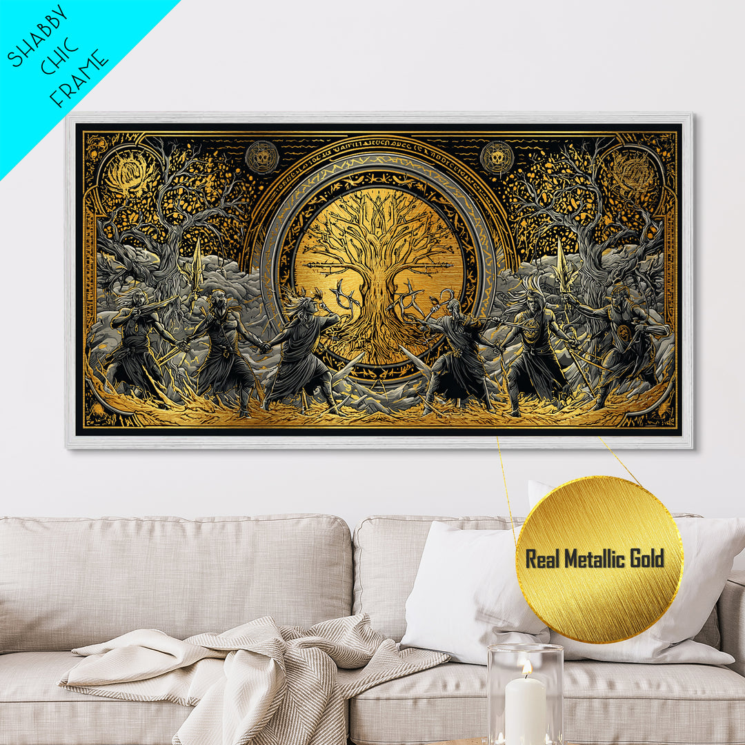 Sköll Wolf Metallic Gold Art Norse Mythology Metal Art, Viking Wolf Devours the Sun Wall Decor in real wood frame for office