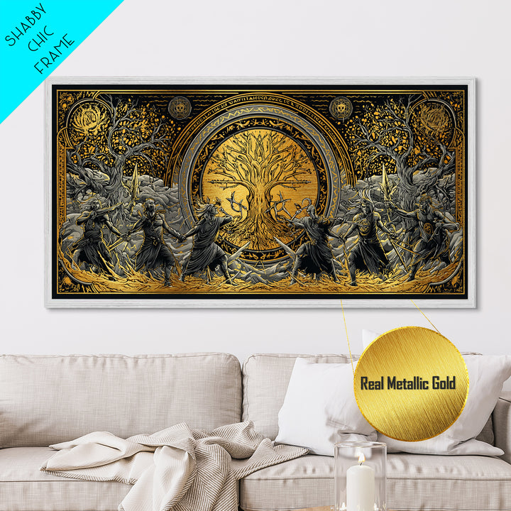 Sköll Wolf Metallic Gold Art Norse Mythology Metal Art, Viking Wolf Devours the Sun Wall Decor in real wood frame for office