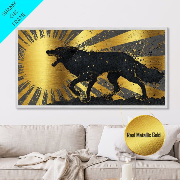 Hati and Sköll Wolves Metallic Gold Art Norse Mythology Metal Art, Viking Sun and Moon Chase Wall Decor framed in real wood